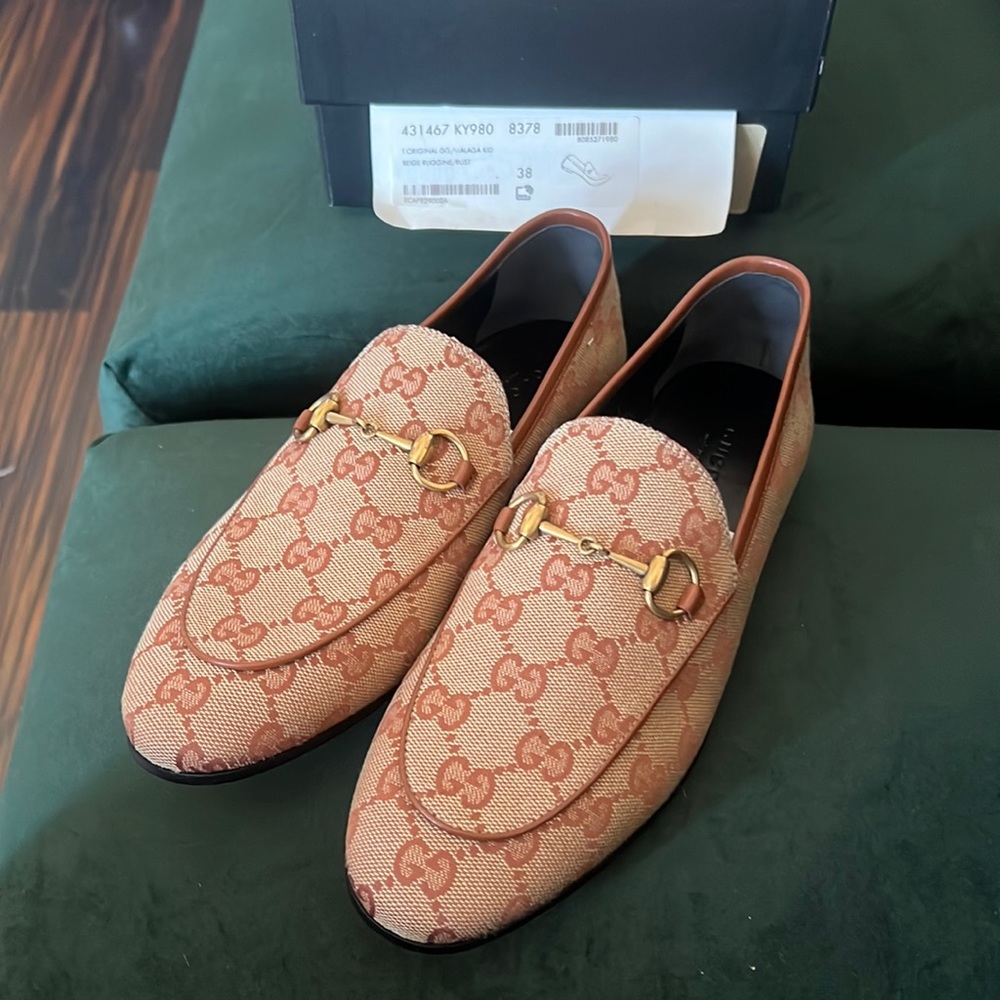 Gucci Jordaan Canvas GG Monogram Loafers 38 Beige Ruggine Rust NIB